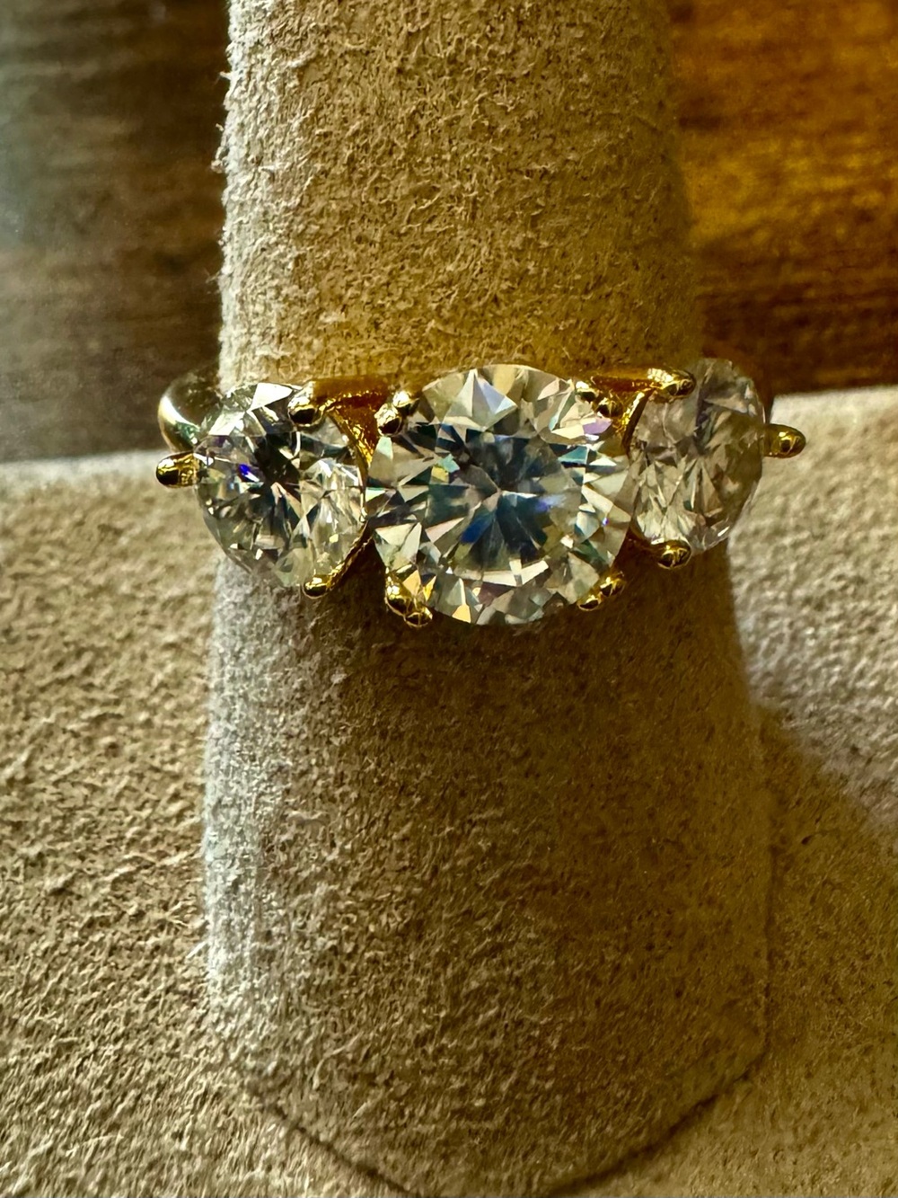 Gold Three-Stone Moissanite Ring - Sparkling Clear Stones